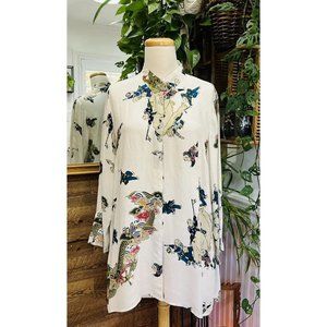 CITRON Santa Monica 1X White 100% Silk Long Sleeve Floral Asian Fan Embossed